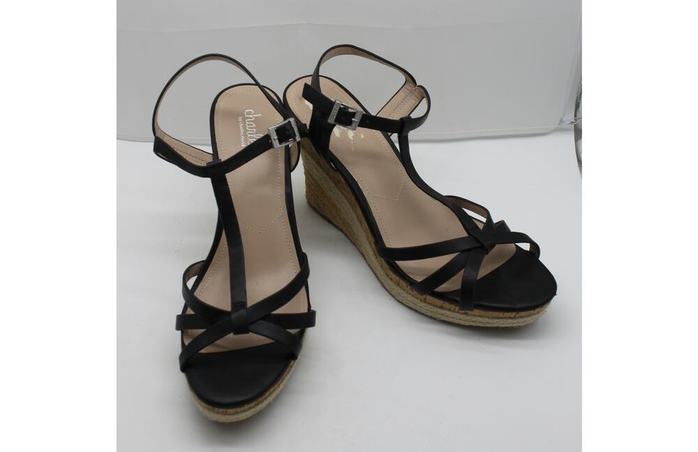 Charled David Black & Neutral Cork Textured Platform Wedge Heel Strappy Sandals
